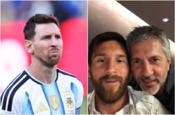 ليونيل ميسي يرتدي بدلة سوداء، يبدو عليه الحزن، في جنازة والده خورخي ميسي، مع محاميه يتحدثون إلى وسائل الإعلام.